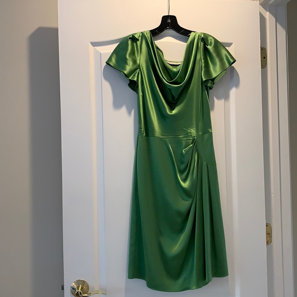 Green Silk Short Sleeve Cowl Neck Lined Dress